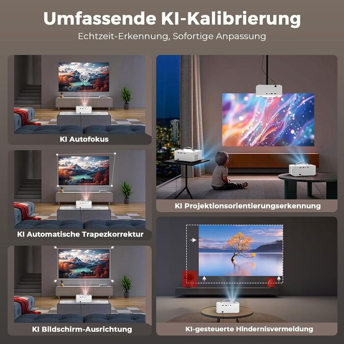 Портативний проєктор Beamer 4K з Dolby Audio, HDR10, WiFi6, Bluetooth 5.4, Auto Fokus, для домашнього кіно та перегляду спортивних подій, білий