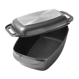 Журавлик STONELINE з кришкою 43x26 см, 8.4 л, чавунна каструля для запікання з антипригарним покриттям з частинками каменю, під індукцію та духовку, сірий