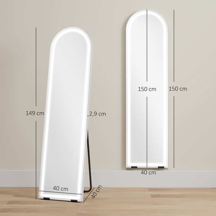 Дзеркало повного тіла з LED-підсвіткою, 150 x 40 см, арочної форми, з регулюванням яскравості, 3 колірні режими, може встановлюватися на підлозі або кріпитися до стіни, білий