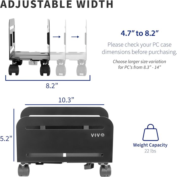 Підставка для ПК VIVO CART-PC01, чорна, регульована, на коліщатках з блокуванням, для ігрового комп'ютера, ATX-корпус