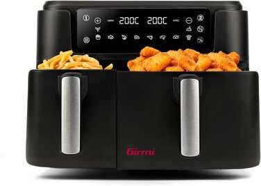 Аерофритюрниця Girmi FG26 Ecofrit Bis з двома зонами приготування, 9 л, 2400 Вт, цифровий дисплей, антипригарне покриття, чорна