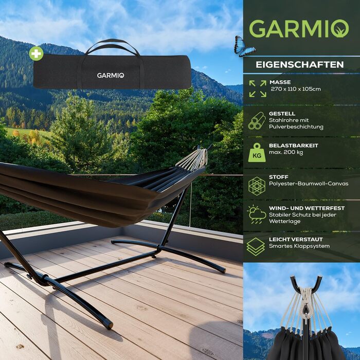 Гамак GARMIO® антрацит 270x110x105 см, сталевий каркас з порошковим покриттям, вантажопідйомність 200 кг, складаний, з сумкою та комплектом для монтажу