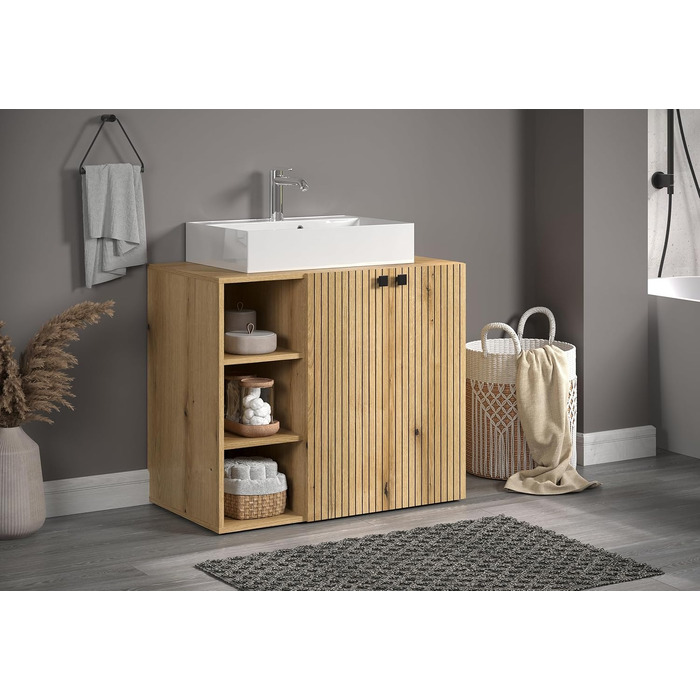 Тумба під раковину на колесахх trendteam PureBliss, 80x64x42 см, дуб Evoke, з 2 відкритими полицями та металевими ручками