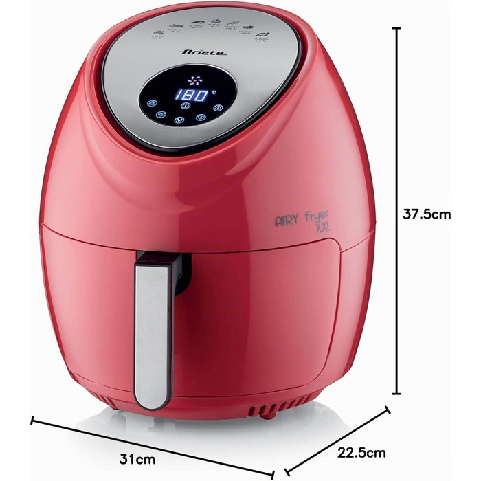 Аерофритюрниця Ariete Airy Fryer XXL 4618, 7 л, 1800 Вт, сенсорний LCD-дисплей, 7 програм, таймер 60 хв, червона