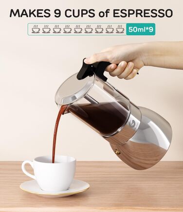 Кавоварка Espresso Gator для плити, мока-каструля з прозорого скла та нержавіючої сталі - кава по-італійськи, 9 чашок (450 мл), нержавіюча сталь