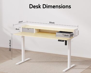 Електричний стіл-трансформер WALKINGDESK з дуба, 140x61 см, регульований письмовий стіл із 2 шухлядами для домашнього офісу, ергономічний стіл-сидячи-стоячи з полицею, тримачем для ручок та гачками