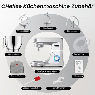 Кухонний комбайн-міксер Cheflee, потужний тістоміс 2000 Вт, чаша з нержавіючої сталі 8 л, 6 швидкостей, з насадками (гак, вінчик) та захисним кожухом, сріблястий