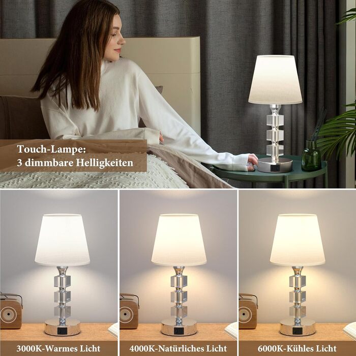 Настільна лампа Livofloral з сенсорним димером, USB A+C, LED, кришталем і тканинним абажуром, для спальні, дитячої, вітальні, готелю, біла