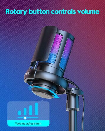 Ігровий мікрофон COCONISE RGB для ПК, стримінгу, подкастів, PS4, PS5, Mac. USB мікрофон з регулюванням гучності та 3.5 мм роз'ємом.