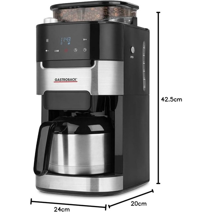 Кавоварка GASTROBACK Grind & Brew Pro Thermo, срібляста, чорна, з млином, термос, автоматична
