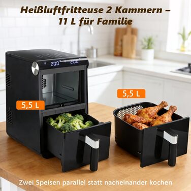 Аерофритюрниця Citybee XXL 10L (5L+5L) з двома камерами та вікном, Dual Zone Airfryer 2200W, сенсорне керування, таймер 24г, чорна