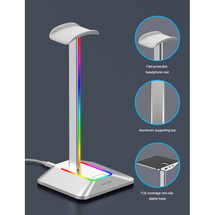 Підставка для навушників New bee RGB з USB Type-C, універсальна підставка для геймерських навушників, зарядка та передача даних, колір сріблястий