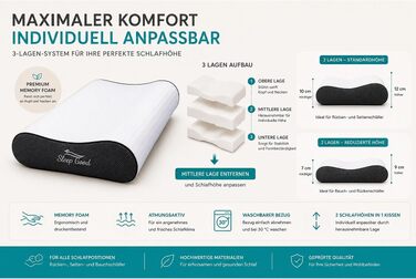 Ергономічна подушка для шиї Sleep Good з ефектом пам'яті (Memory Foam), регульована по висоті, для сну на боці та спині, зі знімним чохлом