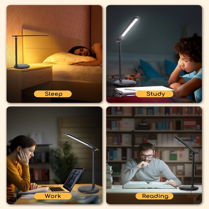 LED настільна лампа Aigostar для дітей, диммована, 3 режими, 5 рівнів яскравості, гнучка, складана, з USB-кабелем 100 см, сенсорне керування, чорна