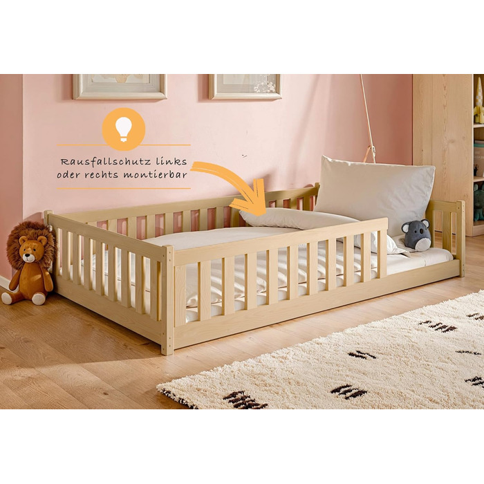 Дитяче ліжко Монтессорі Kids Collective 120x200 см, дерев'яне підлогове ліжко з бортиками та ламелями, натуральна сосна, для хлопчиків та дівчаток