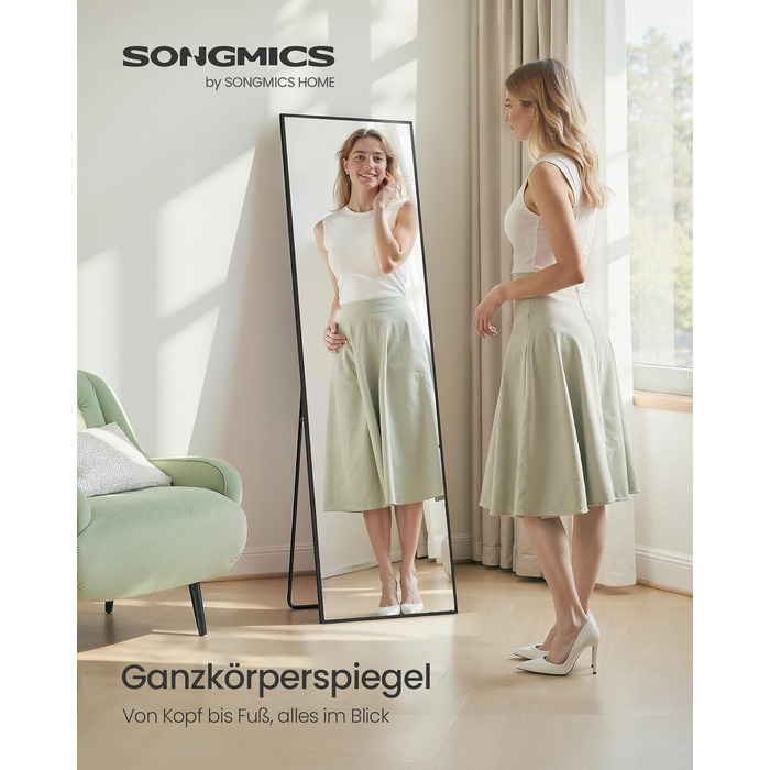 Дзеркало підлогове SONGMICS 150x40 см, чорне: прямокутне, в алюмінієвій рамі, з гартованого скла, для спальні, вітальні, передпокою