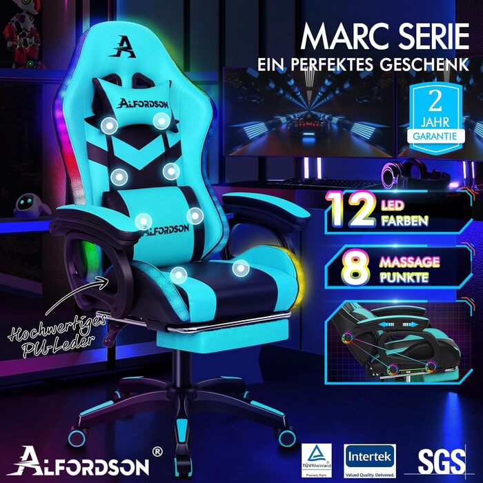 Ігрове крісло ALFORDSON з масажем, RGB LED, ергономічне, з підніжкою, підголівником і лумбарною подушкою, блакитне