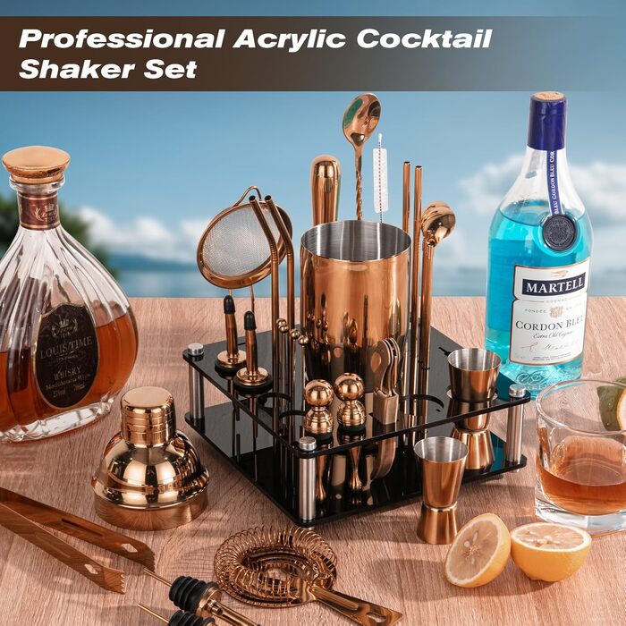 Професійний набір для коктейлів KINGROW Mixology — 29 предметів барного інвентарю з акриловою підставкою для дому, бару та вечірок