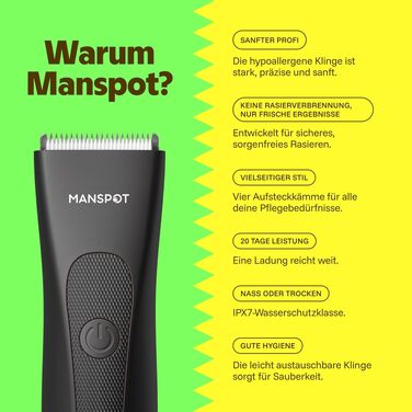 MANSPOT Триммер для тіла чоловічий Intimrasierer, водонепроникний, з 4 насадками для інтимної зони, грудей, ніг та пахв – чорний