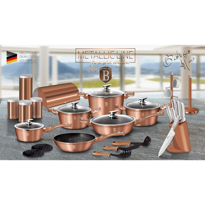 Набір каструль Berlinger Haus Rose Gold, 11 предметів, антипригарне покриття, мармур, алюміній, для індукції, 3 каструлі, 4 скляні кришки, 1 гриль- та 1 сковорода, 2 підставки, серія Metallic Line, PFOA-free