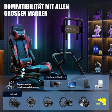 Ігровий симулятор GTPLAYER Cockpit для керма з 3D-стереодинаміками, тримачем для монітора, педалей та важеля КПП, регульований (Червоний)