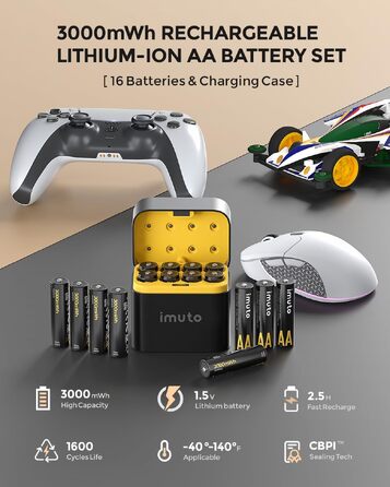 Акумулятори imuto AA 1.5V Li-ion 3000mWh з LED-дисплеєм та зарядним пристроєм, 16 шт, швидка зарядка, 1600 циклів