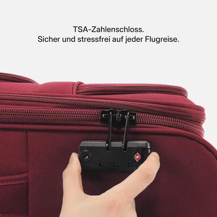 Розширювана тканинна валіза Münicase M (55 см) з передніми кишенями, TSA-замком та подвійними колесами 360°, винно-червона