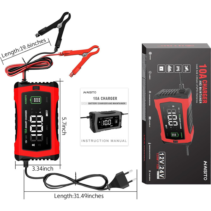 Інтелектуальне зарядне пристрій для акумулятора Haibito 12V/24V 10A з LCD-дисплеєм, для автомобіля