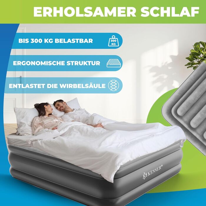 Надувна матрац KESSER® з електричним насосом, 203x152.5x51 см, для дому та кемпінгу, сірий/антрацит