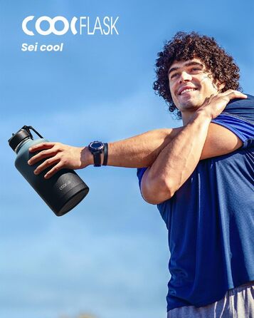 Термобутилка Coolflask 2Л зі сталі нержавіюючої з соломинкою та 3 кришками, вакуумний ізольований спорт-флакон для води та офісу, герметична, колір Indigo Black