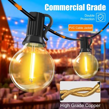 LED гірлянда для вулиці з пультом керування, 15м, G40, диммування, 4 режими, таймер, вологостійка, для саду, балкону, тераси, вечірки, кемпінгу, весілля