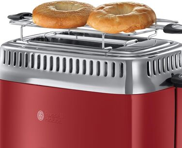 Тостер Russell Hobbs Retro 21680-56, нержавіюча сталь, червоний, 2 тости, 6 режимів, розморожування, підігрів