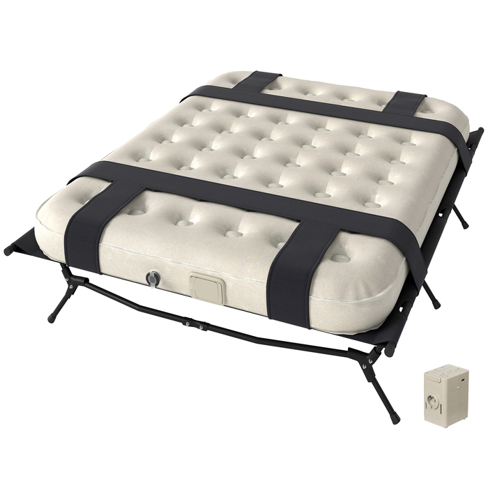 Похідне ліжко Outsunny Camping Bed з насосом для надувного матраца 200 x 153 см Гостьове ліжко з навантаженням до 200 кг Надзвичайно широкий кемпінговий шезлонг для 2 дорослих для кемпінгу Outdoor Garden Travel Чорний+Хакі