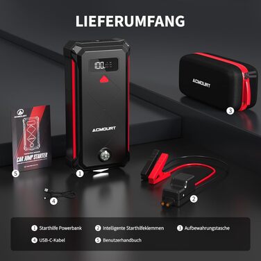 Бустер-пусковий пристрій Acmount P110 7000A Jump Starter для авто, SUV, мотоциклів та газонокосарок (бензин до 12л, дизель до 10л) з LED-ліхтарем, компасом та аварійним молотком, червоний