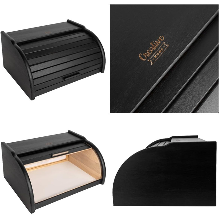 Дерев'яний хлібниця Creative Home Schwarz з роллетною кришкою, 38x28,5x17,5 см – натуральна скринька для зберігання хліба, булочок та випічки для кухні