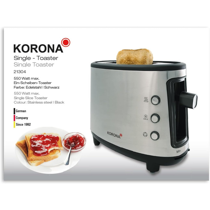 Тостер Korona 21304 на 1 тост, нержавійка, 550 Вт, підставка для булочок, регулювання температури, знімний піддон для крихт