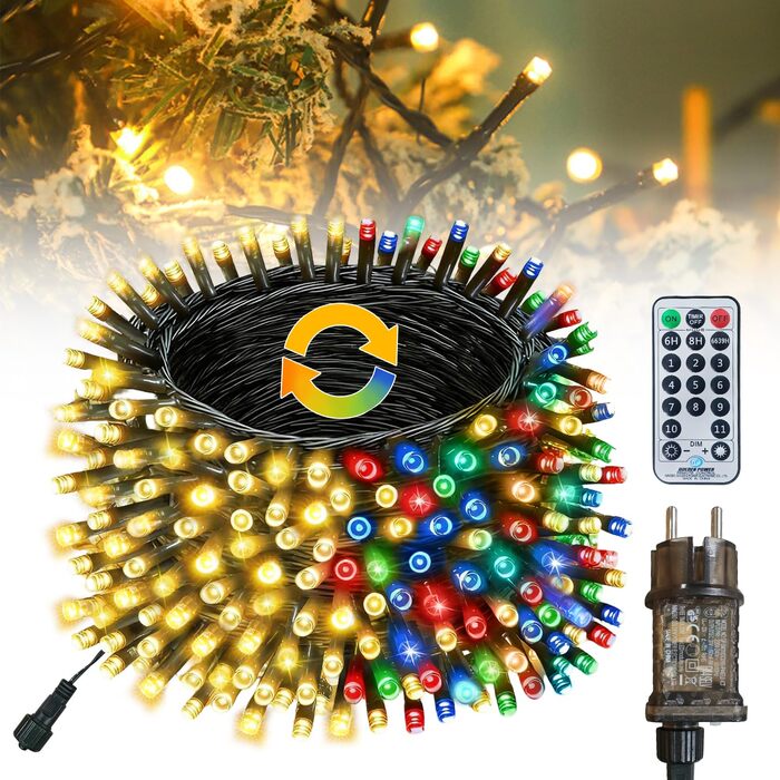 Світлодіодна гірлянда для ялинки 30м 300 LED, багатоколірна та тепло-біла, 11 режимів роботи