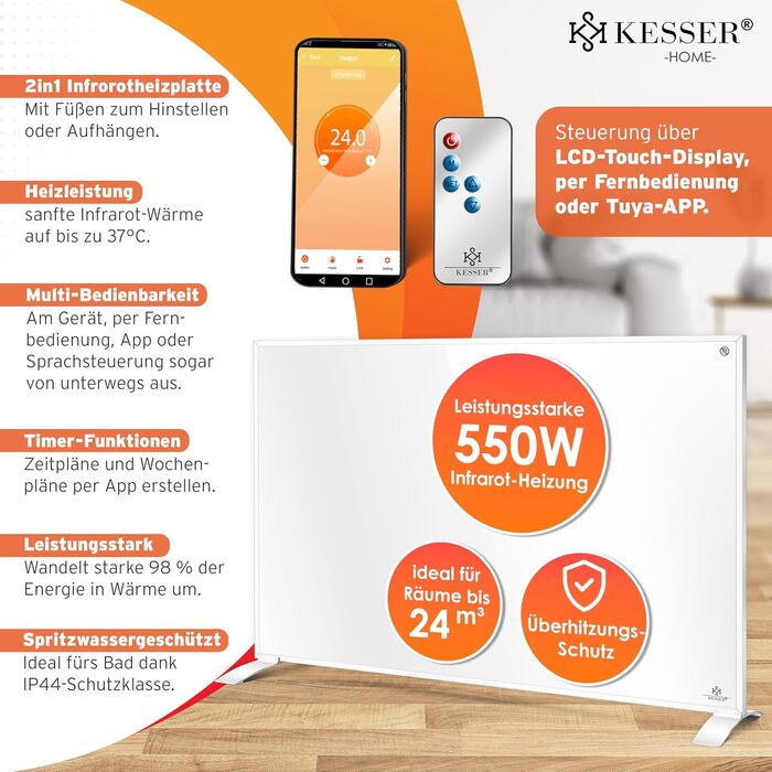 Інфрачервоний обігрівач KESSER 550Вт: електрична панель з дистанційним керуванням, термостатом та App-керуванням (настінний/підлоговий), білий