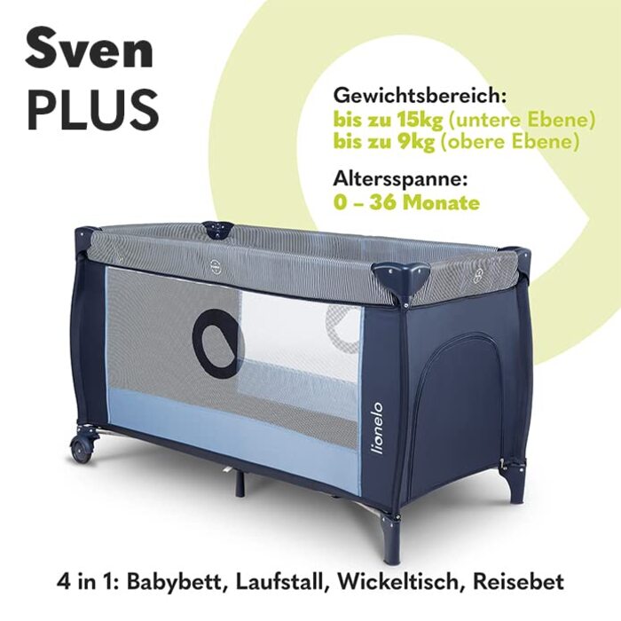 Ліжечко-манеж Lionelo Sven Plus 4-в-1 для немовлят, до 15 кг, з пеленальним столиком, москітною сіткою, вентиляційними боковинами, боковим входом, складне, з сумкою для транспортування