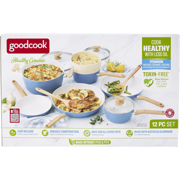 Набір керамічного посуду GoodCook Gesundes 12 предметів, світло-блакитний: каструлі, сковорода, пароварка та аксесуари, для індукційних плит