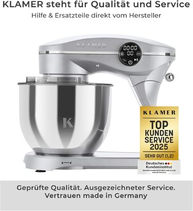Кухонний комбайн KLAMER 1800W — планетарний міксер для тіста з чашею з нержавіючої сталі 6л, 10 швидкостей, таймером та набором насадок (гак, вінчик, міксер), сріблястий