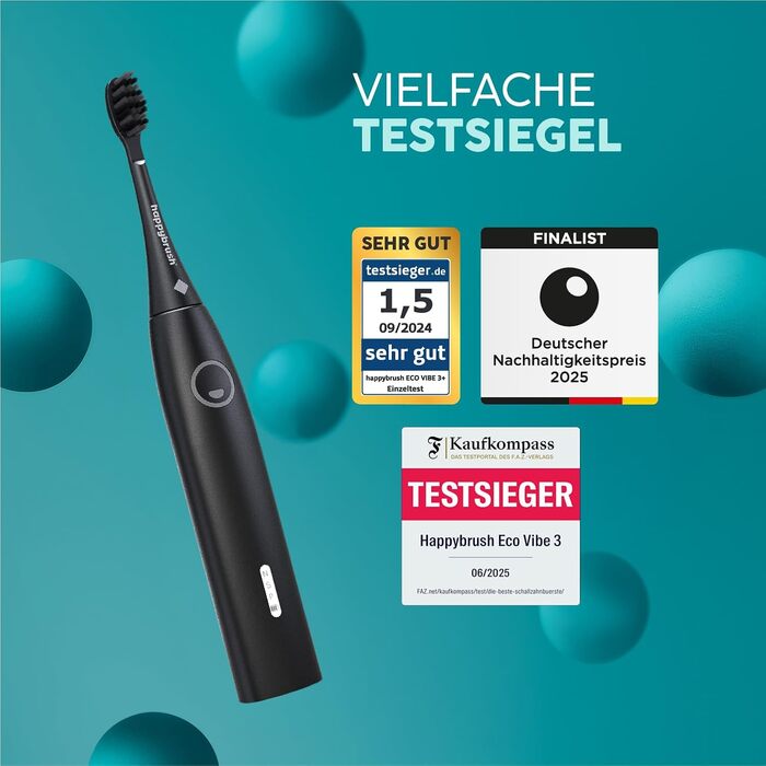 Електрична звукова зубна щітка happybrush® Eco Vibe 3+ – Чорний колір – 2 роки гарантії