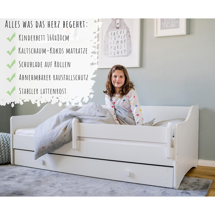 Дитяче ліжко Kids Collective 80x160 см з матрацом, бортиком і шухлядою, універсальне, біле, трансформується у диван