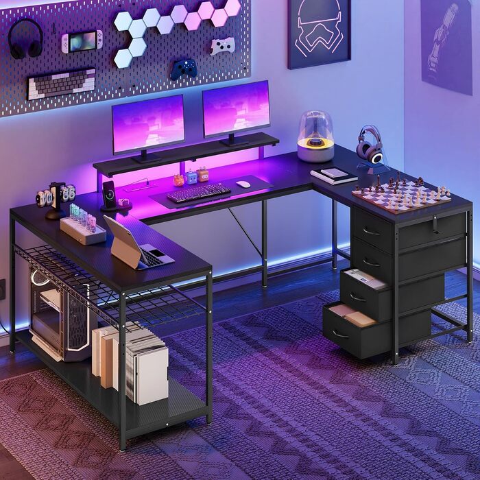 Кутовий письмовий стіл YITAHOME з 4 шухлядами, LED-підсвіткою та USB, 158x100 см - для геймінгу та домашнього офісу, чорний