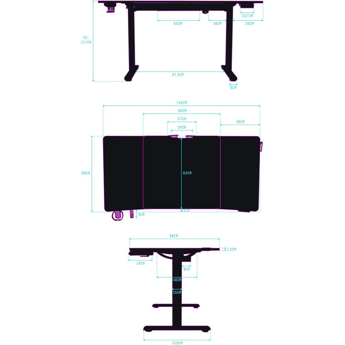 ULTRADESK Стіл для роботи та ігор, регулювання висоти, електричний, 140x68 см, чорний
