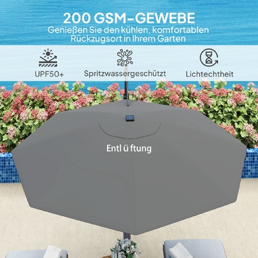 Outsunny Alu Centilever Parasol LED Solar Ø300 см регульована по висоті парасолька з кривошипною підставкою UV50+ Водовідштовхувальний ринок Обертовий ринок на 360° Нахилена садова парасолька Сонцезахисний захист для саду Балкон Темно-сірий