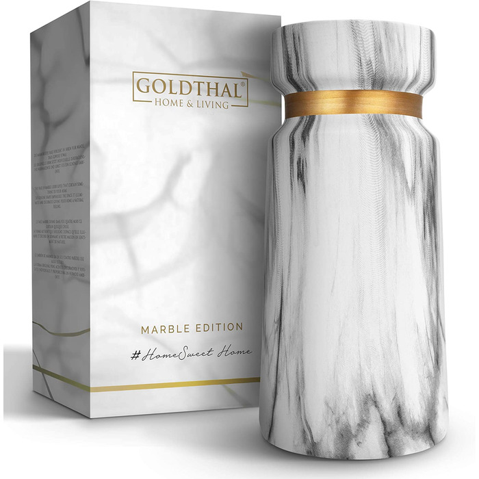 Преміум керамічна ваза Goldthal у стилі бохо, біла з мармуровим ефектом, для квітів, сухоцвітів, пампасної трави, H22 см, з золотим кільцем, сучасний декор