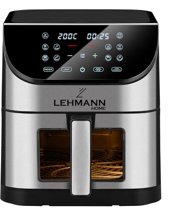 Аерофритюрниця Lehmann XXL 8 л з оглядовим вікном, без масла, 1800 Вт, з підсвіткою, температурний контроль до 200°C, 10 програм, таймер, сенсорне управління