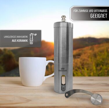 Кавомолка ручна з керамічними жорнами Kaffeemühle 2.0 - Еспресо-кавомолка з нержавіючої сталі + щітка та мішок для збору кави. Точне регулювання помелу.