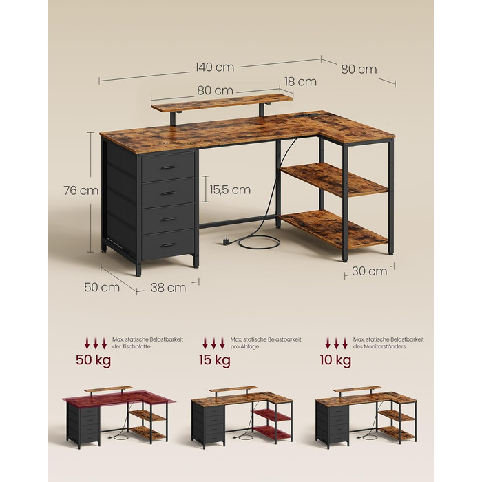 Кутовий комп'ютерний стіл VASAGLE з розетками та USB, 160x80 см, Vintagebraun (LWD173KD01) - ігровий стіл з шухлядами